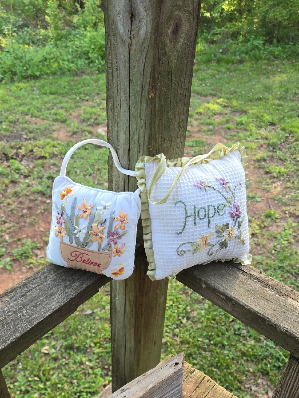 2 Ribbon Embroidered Pillows. Hope & Believe. Inspirational Pillows. Like New!